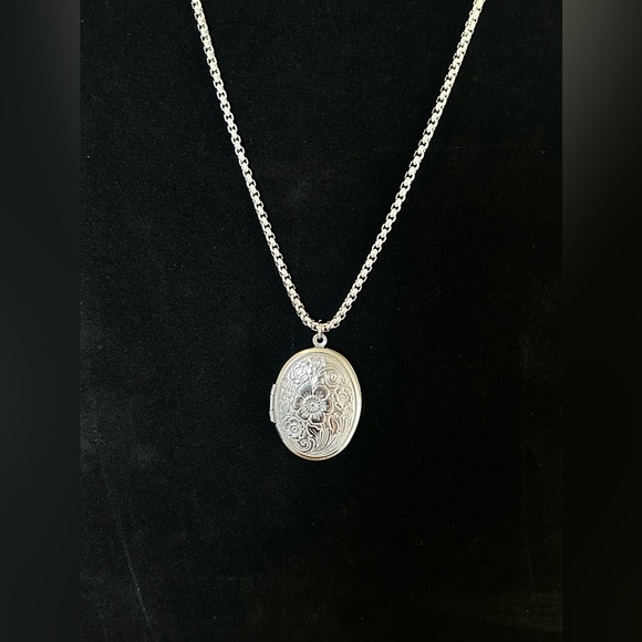 Floral Locket Necklace, Sterling Silver over Stainless Steel - Picture 5 of 9